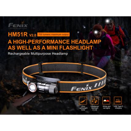 Fenix HM51RV20 - LED Акумулаторен челник 3xLED/1xCR123A/USB IP68 700 лъскав 120 h 700 m