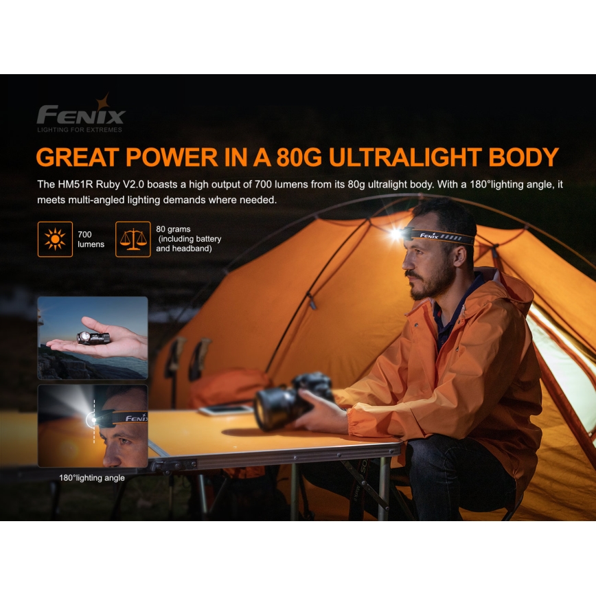 Fenix HM51RV20 - LED Акумулаторен челник 3xLED/1xCR123A/USB IP68 700 лъскав 120 h 700 m