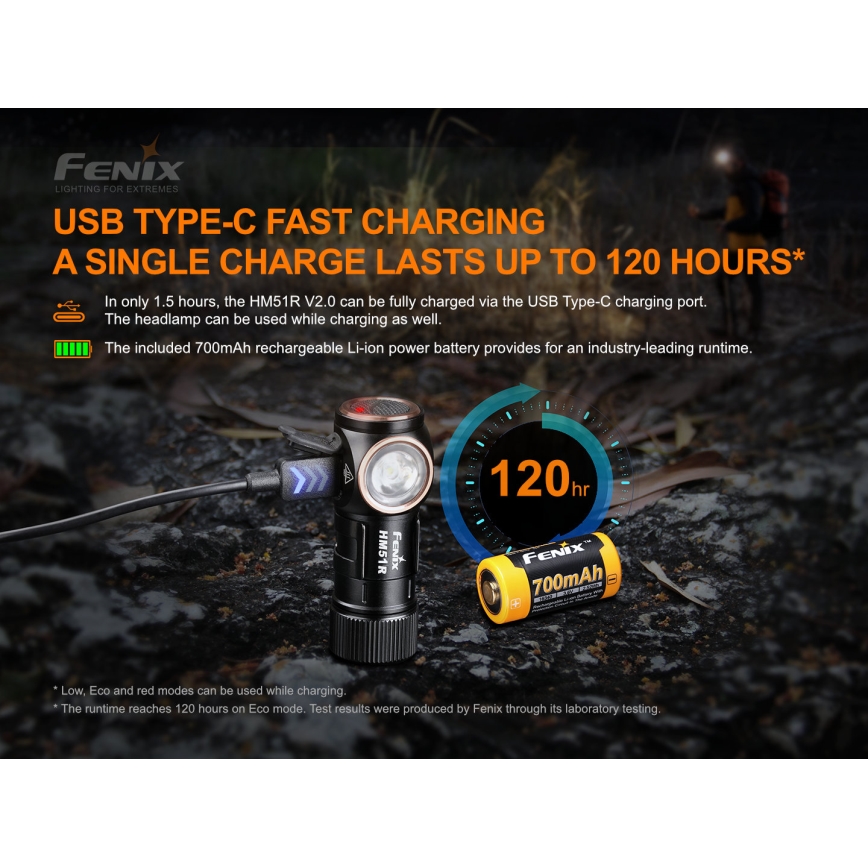 Fenix HM51RV20 - LED Акумулаторен челник 3xLED/1xCR123A/USB IP68 700 лъскав 120 h 700 m