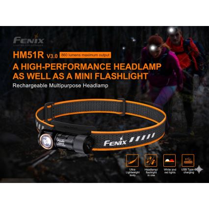 Fenix HM51RV30 - LED челник с регулируема яркост, презареждаем LED/USB/1xCR123A 950 mAh IP68 860 lm 125 h оранжев