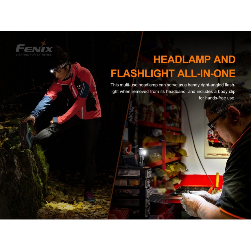 Fenix HM51RV30 - LED челник с регулируема яркост, презареждаем LED/USB/1xCR123A 950 mAh IP68 860 lm 125 h оранжев