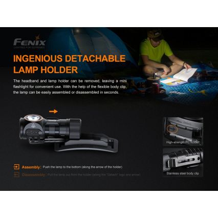 Fenix HM51RV30 - LED челник с регулируема яркост, презареждаем LED/USB/1xCR123A 950 mAh IP68 860 lm 125 h оранжев