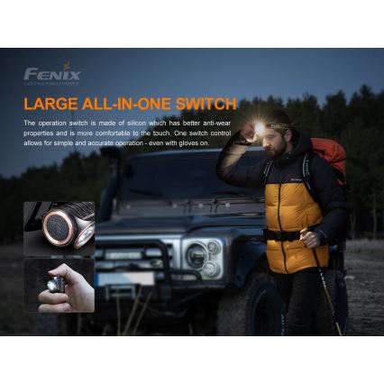 Fenix HM51RV30 - LED челник с регулируема яркост, презареждаем LED/USB/1xCR123A 950 mAh IP68 860 lm 125 h оранжев