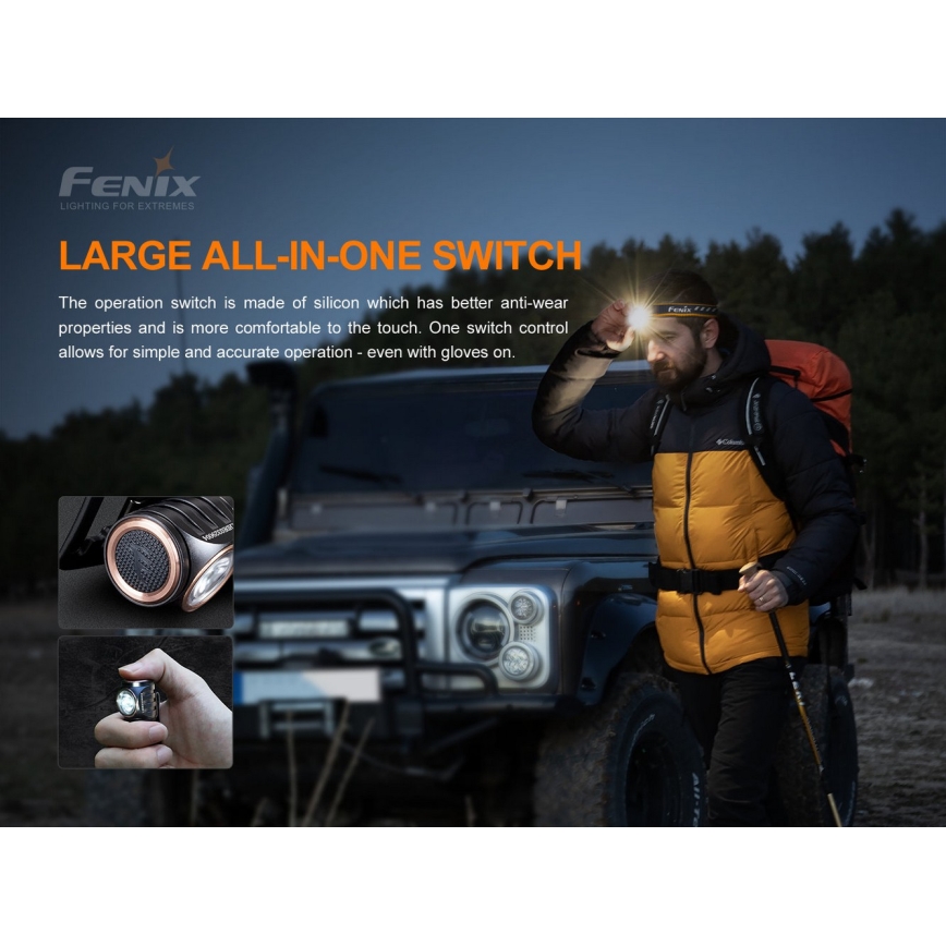 Fenix HM51RV30 - LED челник с регулируема яркост, презареждаем LED/USB/1xCR123A 950 mAh IP68 860 lm 125 h оранжев