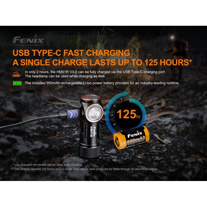 Fenix HM51RV30 - LED челник с регулируема яркост, презареждаем LED/USB/1xCR123A 950 mAh IP68 860 lm 125 h оранжев