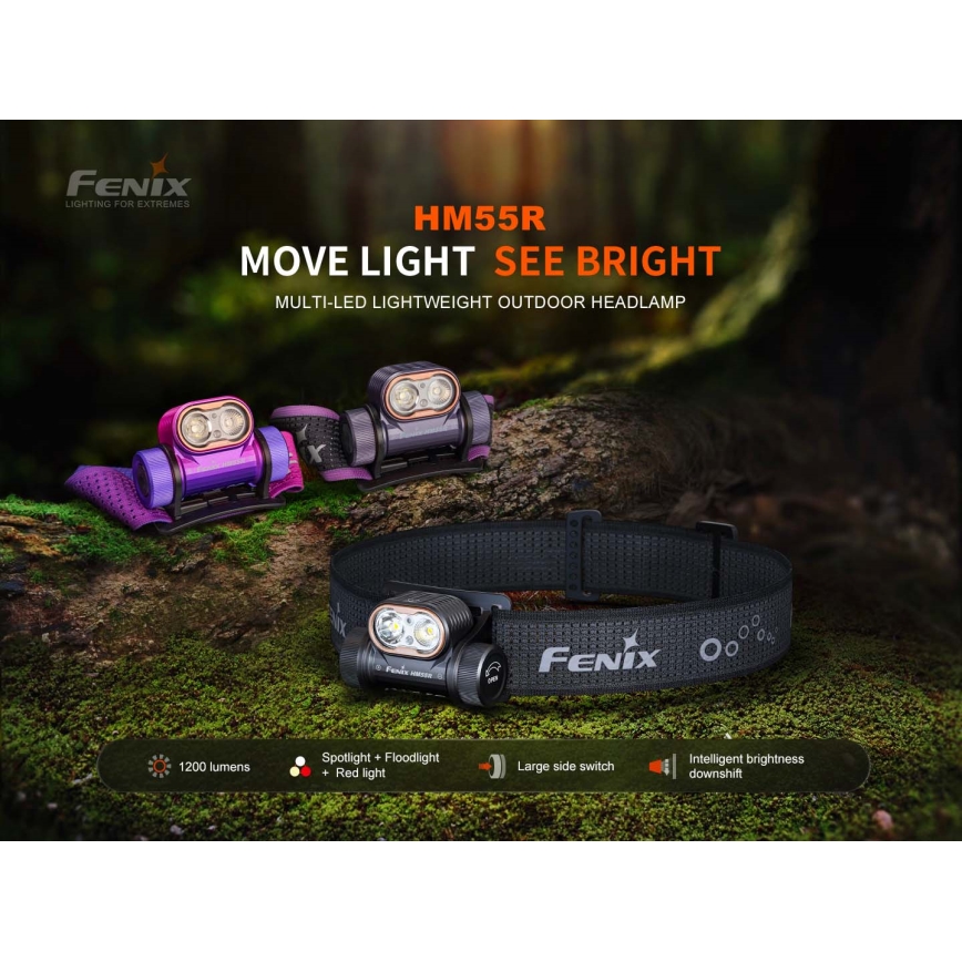 Fenix HM55RABL - челна лампа с регулируема яркост, презареждаема LED/USB/1xCR123A 1600 mAh IP68 1200 lm 141,2 ч черна