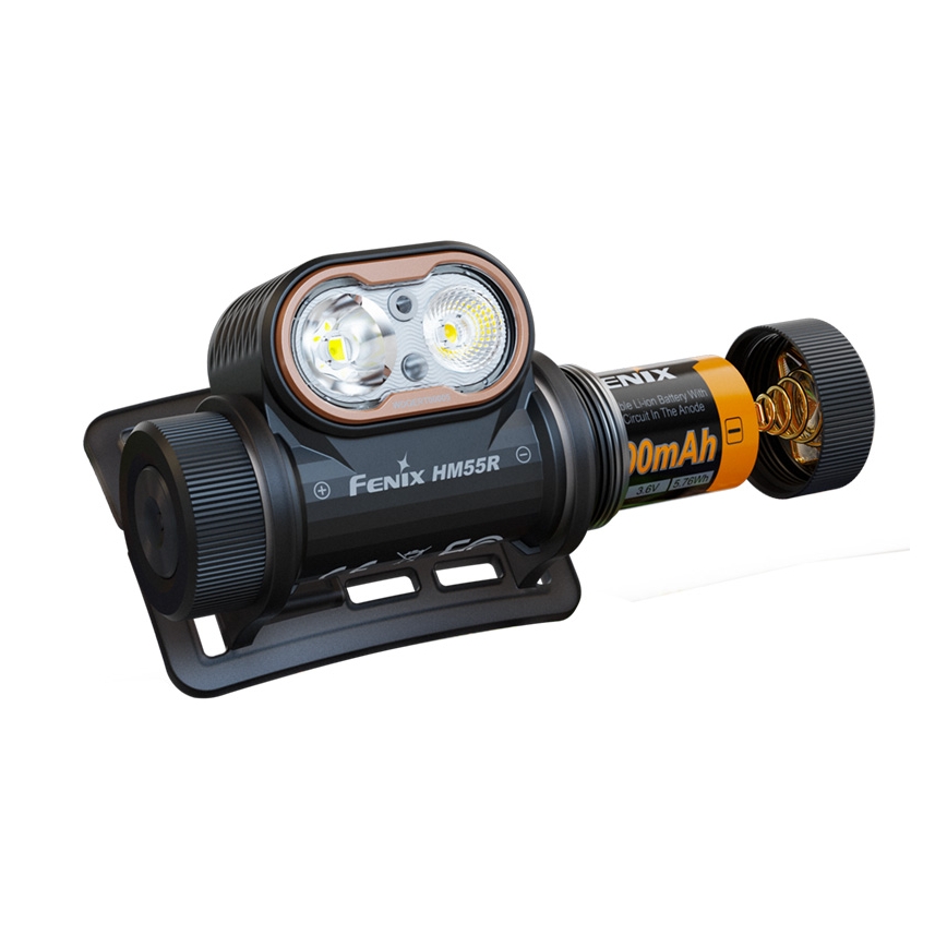 Fenix HM55RABL - челна лампа с регулируема яркост, презареждаема LED/USB/1xCR123A 1600 mAh IP68 1200 lm 141,2 ч черна