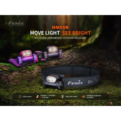 Fenix HM55RPRP - димируема LED акумулаторна челна лампа LED/USB/1xCR123A 1600 mAh IP68 1200 lm 141,2 ч лилава/черна