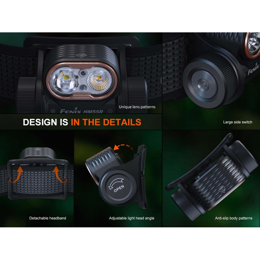 Fenix HM55RPRP - димируема LED акумулаторна челна лампа LED/USB/1xCR123A 1600 mAh IP68 1200 lm 141,2 ч лилава/черна