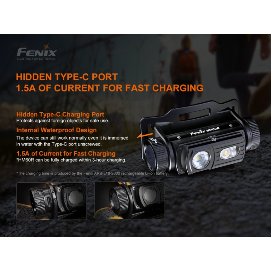 Fenix HM60R - LED Димируем акумулаторен челник 4xLED/USB/2xCR123A IP68 1300 лъскав 300 h 3400 mAh