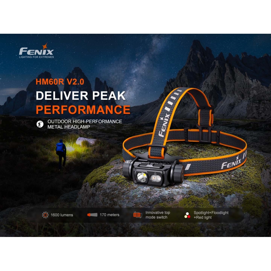 Fenix HM60RV20 - димируема презареждаема челна лампа LED/USB 4000 mAh IP68 1600 lm 292 ч оранжева