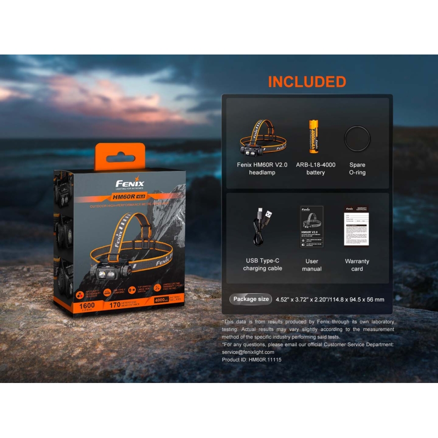 Fenix HM60RV20 - димируема презареждаема челна лампа LED/USB 4000 mAh IP68 1600 lm 292 ч оранжева
