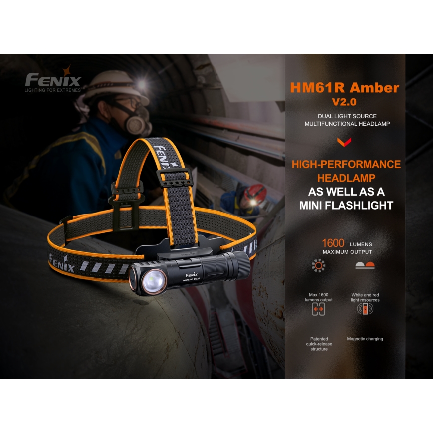 Fenix HM61RV20 - LED Акумулаторен челник LED/USB/2xCR123A IP68 1600 lm 300 h 3400 mAh