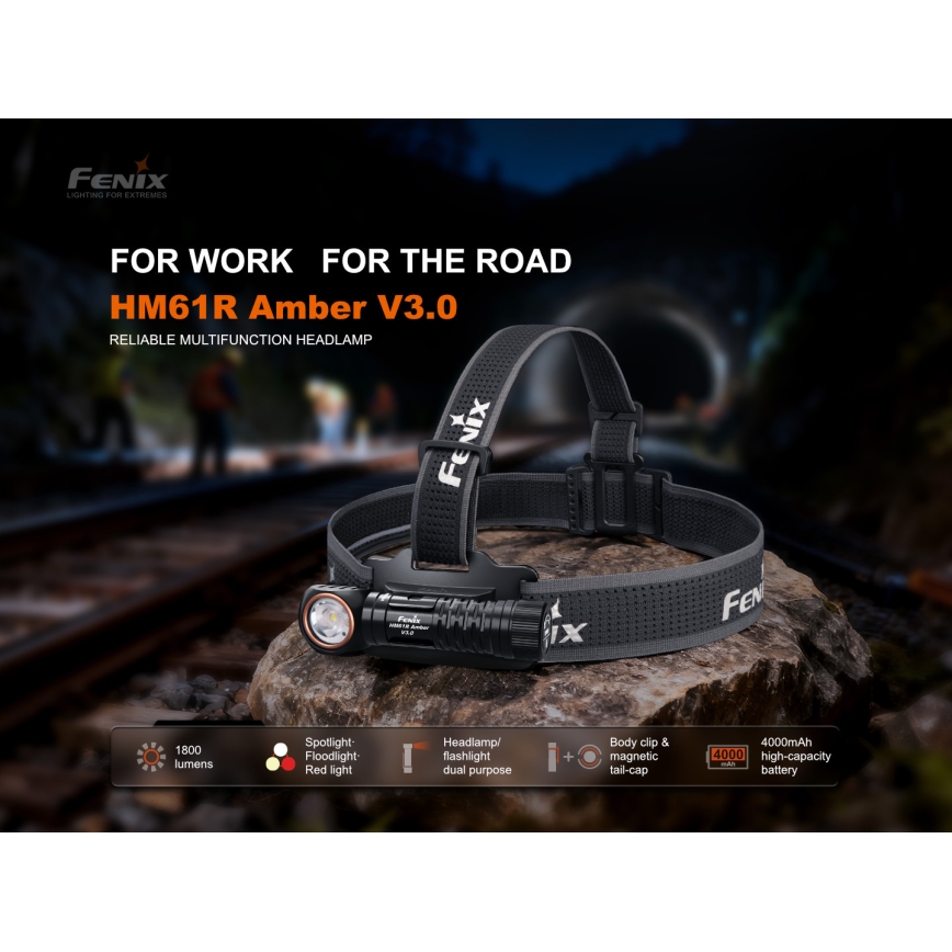 Fenix HM61RV30 - LED презареждаема челна лампа с регулируема яркост, LED/USB/1xCR123A, 4000 mAh, IP68, 1800 lm, 400 ч, черна