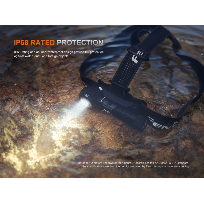 Fenix HM61RV30 - LED презареждаема челна лампа с регулируема яркост, LED/USB/1xCR123A, 4000 mAh, IP68, 1800 lm, 400 ч, черна