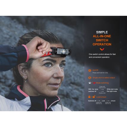 Fenix HM62TMGM - LED Димируем акумулаторен челник LED/USB IP68 1200 лъскав 280 h 3400 mAh