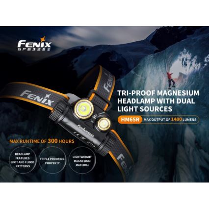 Fenix HM65R - LED Акумулаторен челник 2xLED/USB/2xCR123A IP68 1400 лъскав 300 h 3400 mAh
