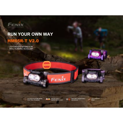 Fenix HM65RTV20PRP - LED Димируем акумулаторен челник LED/USB/2xCR123A IP68 1600 lm 300h 3400 mAh черен/лилава