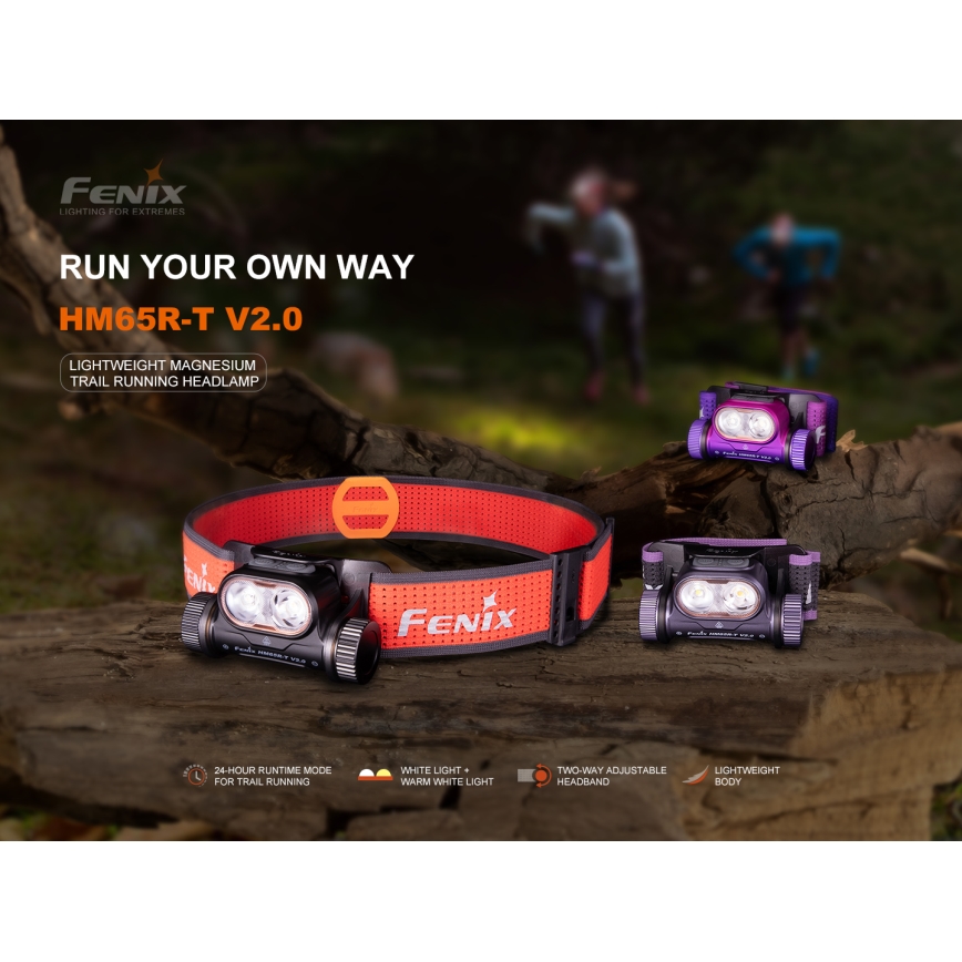Fenix HM65RTV20PRP - LED Димируем акумулаторен челник LED/USB/2xCR123A IP68 1600 lm 300h 3400 mAh черен/лилава