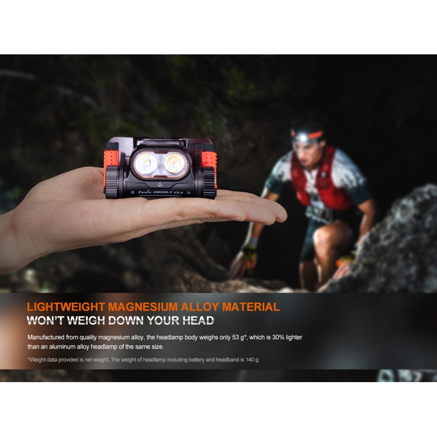 Fenix HM65RTV20PRP - LED Димируем акумулаторен челник LED/USB/2xCR123A IP68 1600 lm 300h 3400 mAh черен/лилава