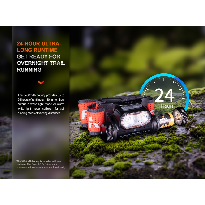 Fenix HM65RTV20PRP - LED Димируем акумулаторен челник LED/USB/2xCR123A IP68 1600 lm 300h 3400 mAh черен/лилава