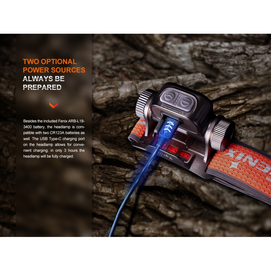 Fenix HM65RTV20PRP - LED Димируем акумулаторен челник LED/USB/2xCR123A IP68 1600 lm 300h 3400 mAh черен/лилава
