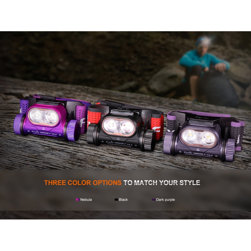 Fenix HM65RTV20PRP - LED Димируем акумулаторен челник LED/USB/2xCR123A IP68 1600 lm 300h 3400 mAh черен/лилава
