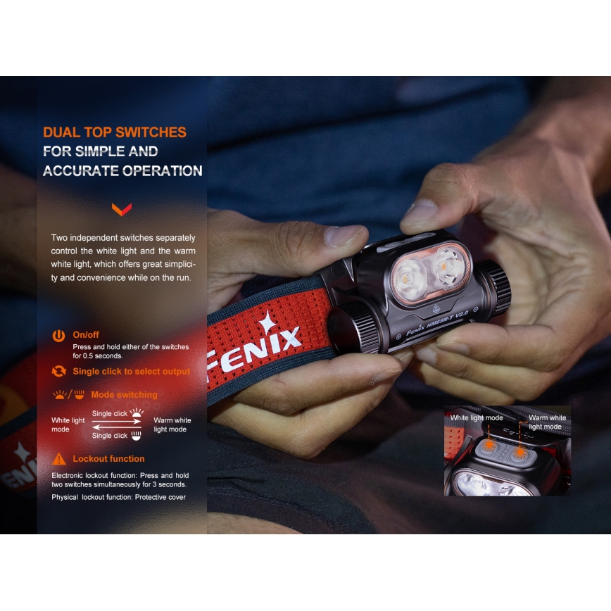 Fenix HM65RTV20PRP - LED Димируем акумулаторен челник LED/USB/2xCR123A IP68 1600 lm 300h 3400 mAh черен/лилава