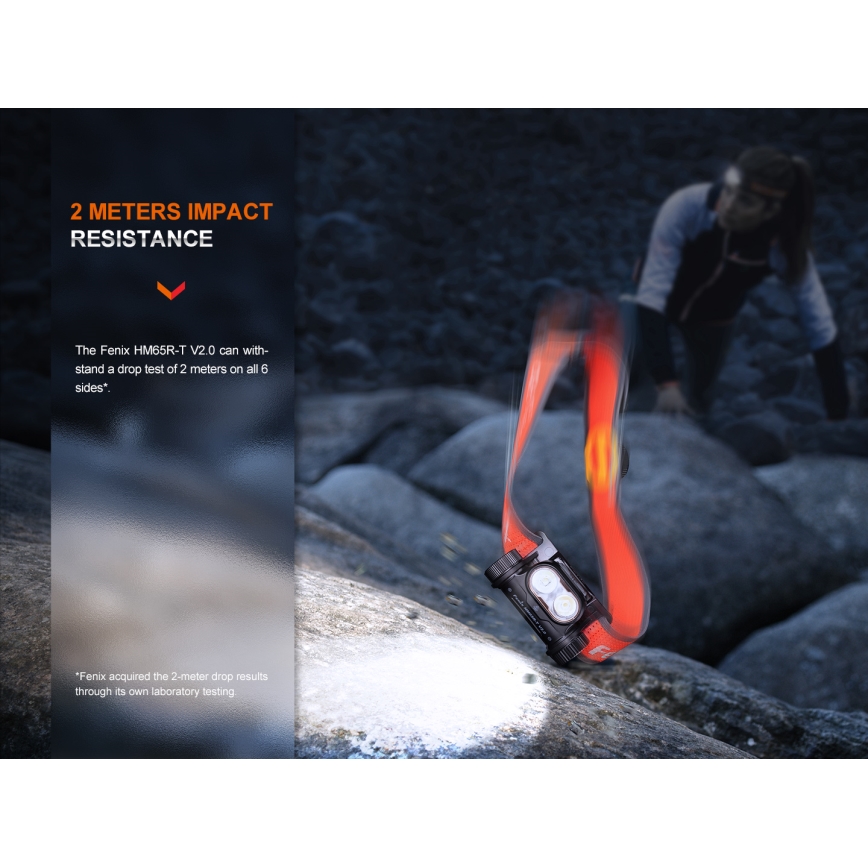 Fenix HM65RTV20PRP - LED Димируем акумулаторен челник LED/USB/2xCR123A IP68 1600 lm 300h 3400 mAh черен/лилава