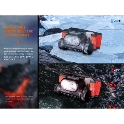 Fenix HM65RTV20PRP - LED Димируем акумулаторен челник LED/USB/2xCR123A IP68 1600 lm 300h 3400 mAh черен/лилава