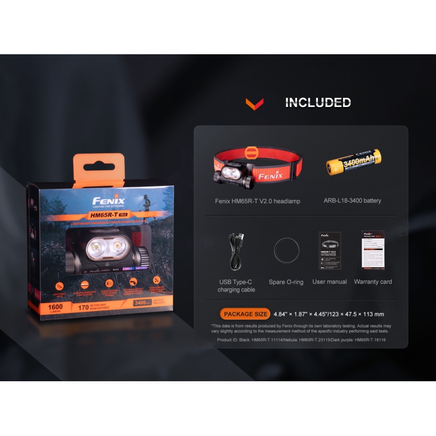 Fenix HM65RTV20PRP - LED Димируем акумулаторен челник LED/USB/2xCR123A IP68 1600 lm 300h 3400 mAh черен/лилава