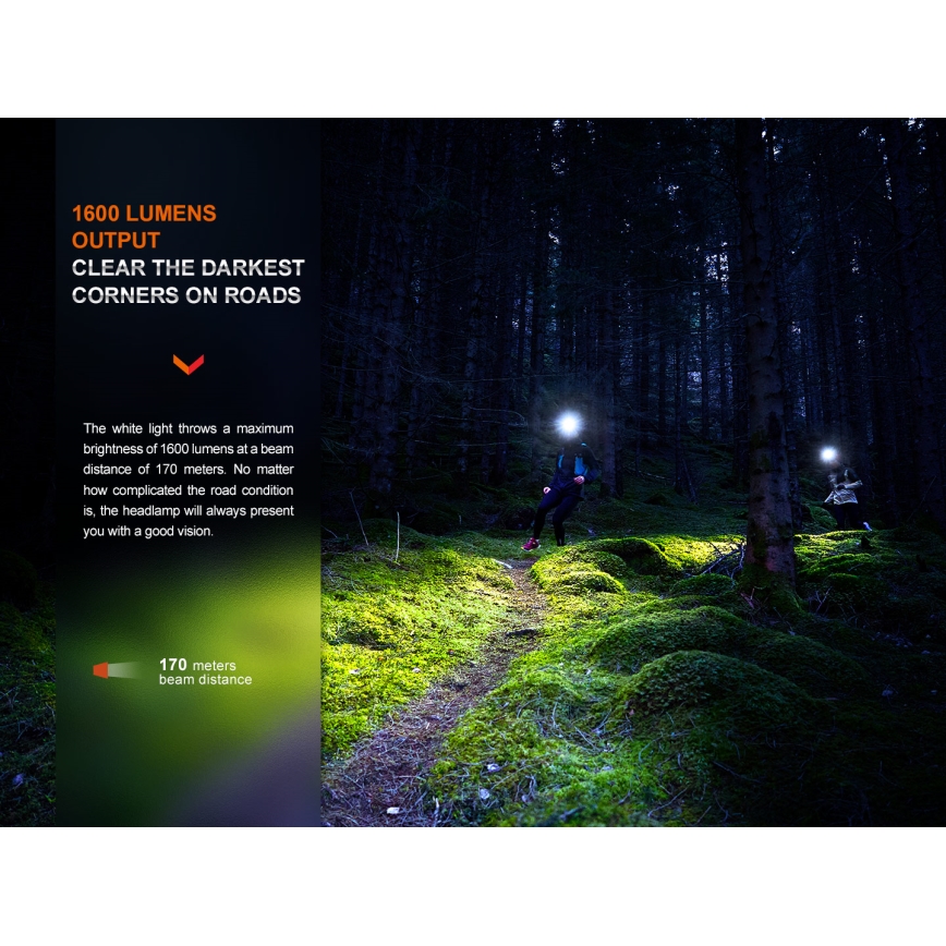 Fenix HM65RTV20PRP - LED регулируема презареждаема челна лампа LED/USB/2xCR123A IP68 1600 лумена 300 ч 3400 mAh черно/лилаво