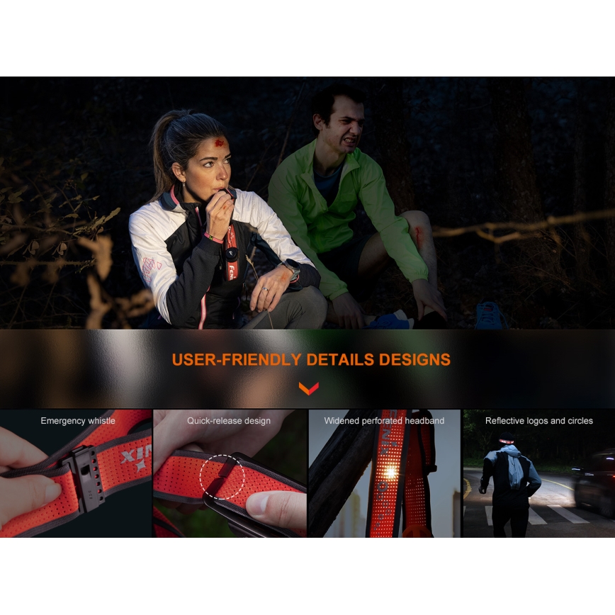 Fenix HM65RTV20PRP - LED регулируема презареждаема челна лампа LED/USB/2xCR123A IP68 1600 лумена 300 ч 3400 mAh черно/лилаво