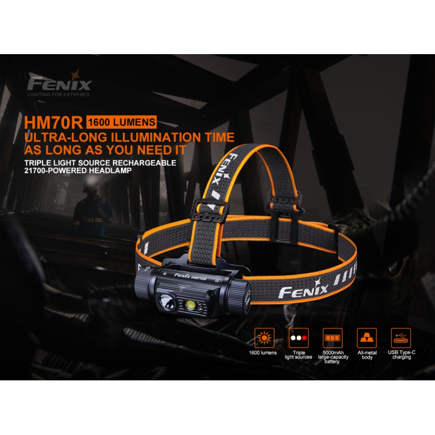 Fenix HM70R - LED Акумулаторен челник 4xLED/1x21700 IP68 1600 лъскав 800 h 5000 mAh