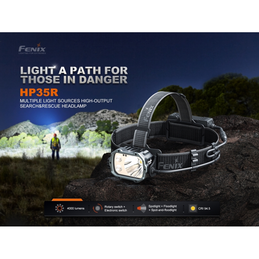 Fenix HP35R - LED презареждаема челна лампа с регулиране на яркостта, USB, 5000 mAh, IP66, 4000 lm, 500 h, черна
