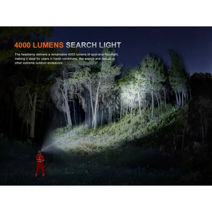 Fenix HP35R - LED презареждаема челна лампа с регулиране на яркостта, USB, 5000 mAh, IP66, 4000 lm, 500 h, черна