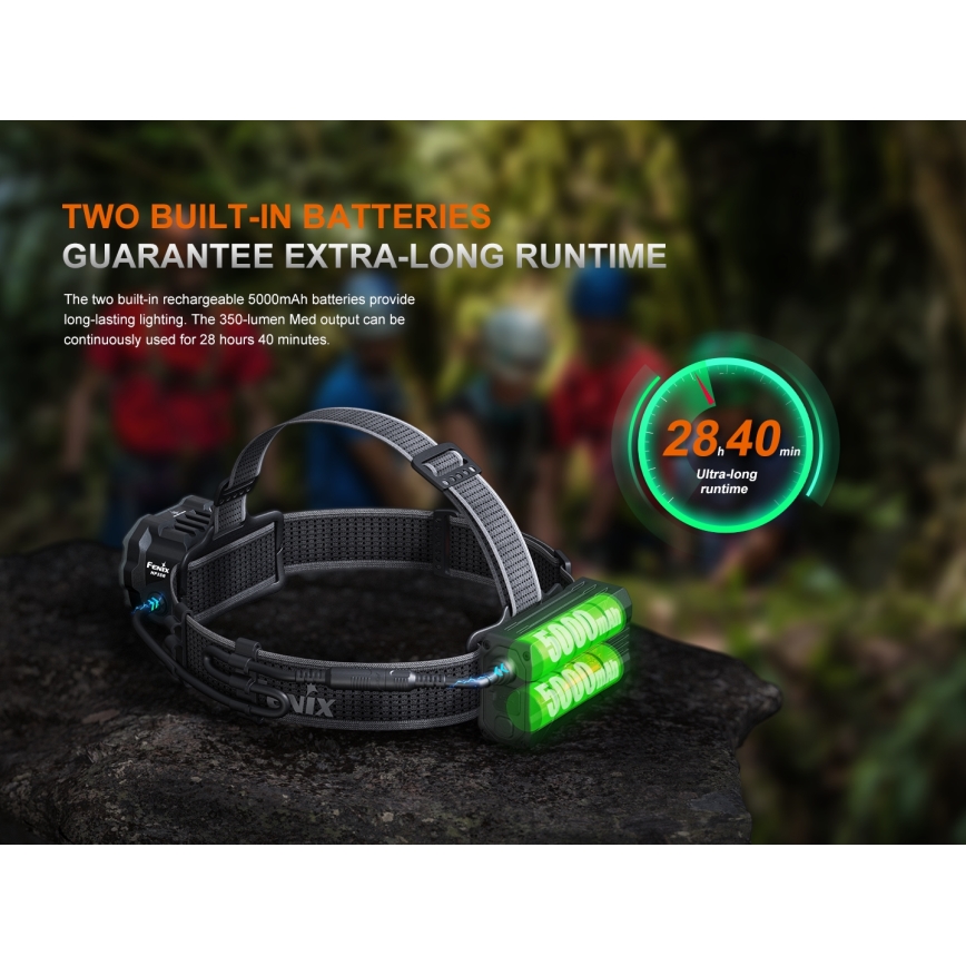 Fenix HP35R - LED презареждаема челна лампа с регулиране на яркостта, USB, 5000 mAh, IP66, 4000 lm, 500 h, черна