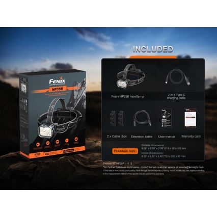 Fenix HP35R - LED презареждаема челна лампа с регулиране на яркостта, USB, 5000 mAh, IP66, 4000 lm, 500 h, черна