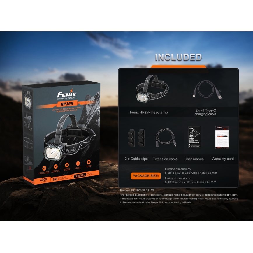 Fenix HP35R - LED презареждаема челна лампа с регулиране на яркостта, USB, 5000 mAh, IP66, 4000 lm, 500 h, черна