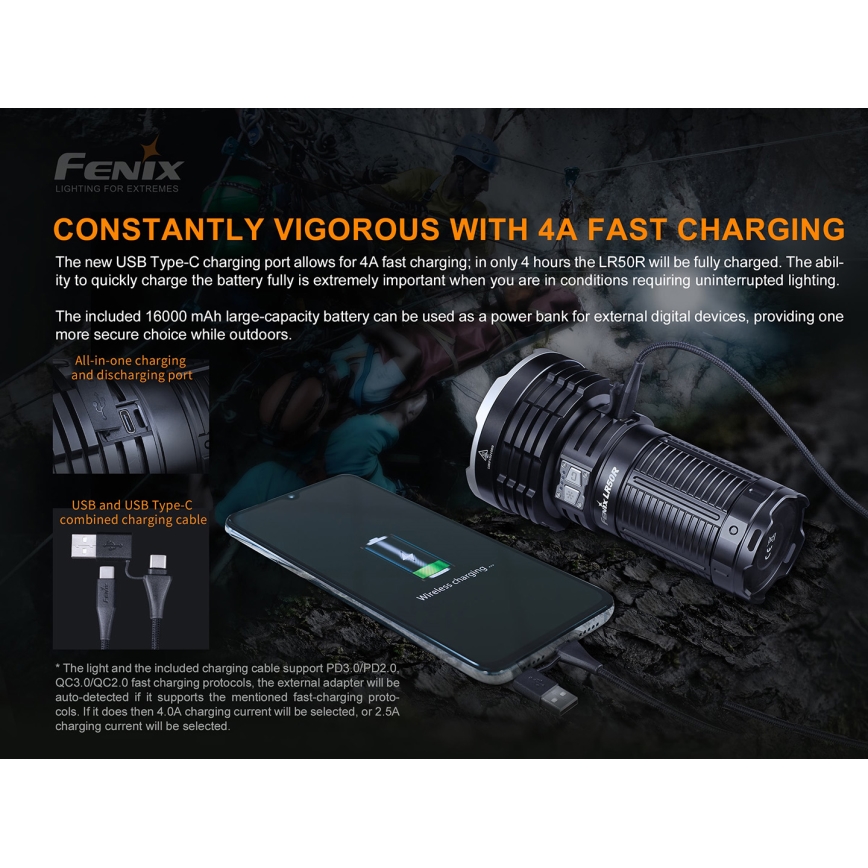 Fenix LR50R - LED Акумулаторно фенерче 4xLED/USB IP68 12000 lm 58 ч