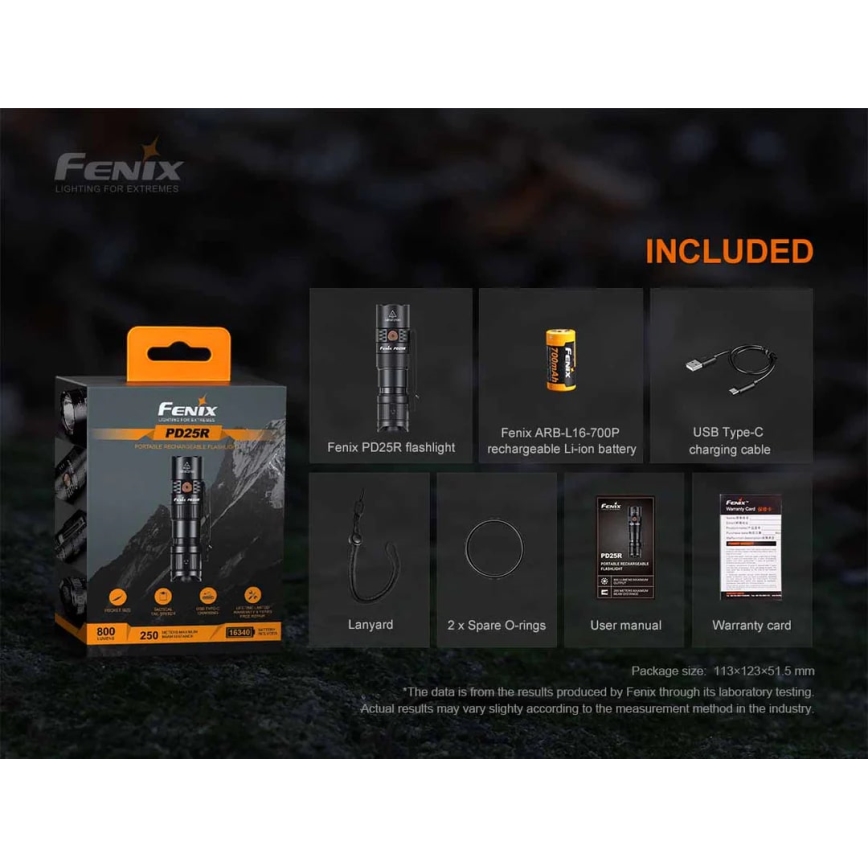 Fenix PD25R - LED Акумулаторно фенерче LED/USB/1xCR123A IP68 800 lm 70 h 700 mAh