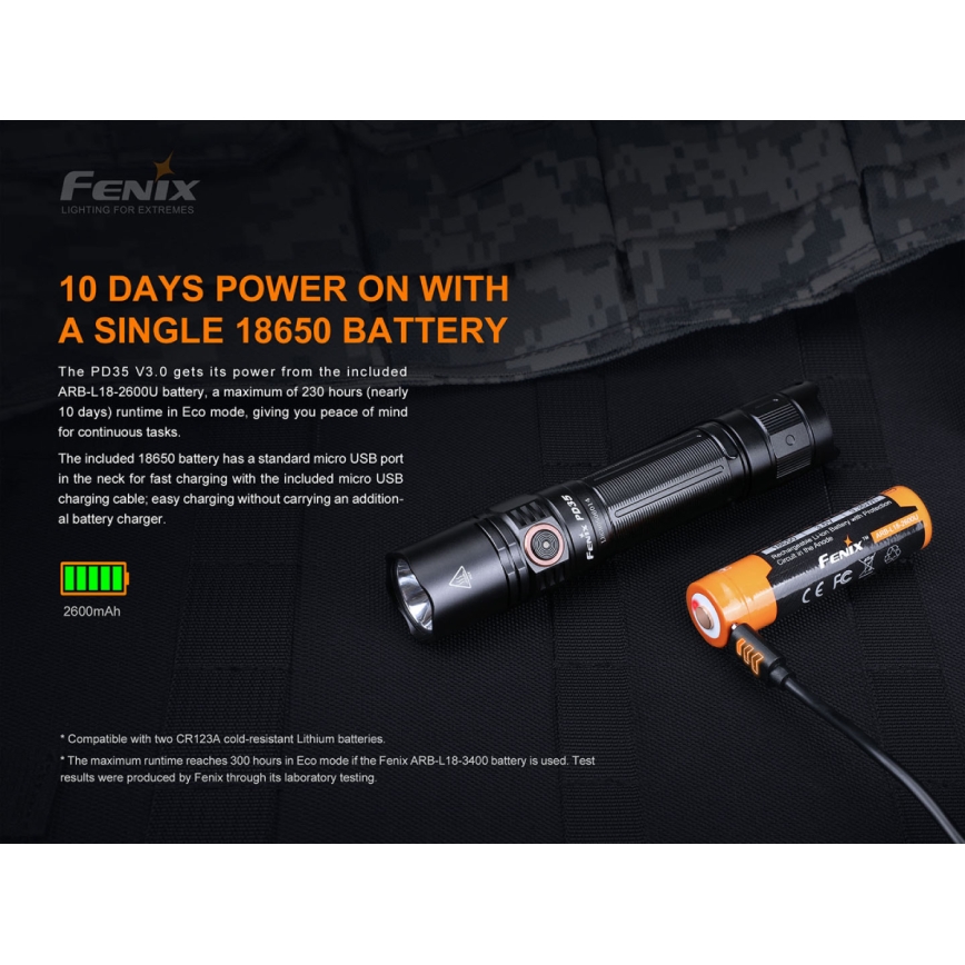 Fenix PD35V30 - LED акумулаторен фенер LED/USB/2xCR123A IP68 1700 лумена 230 ч 2600 mAh