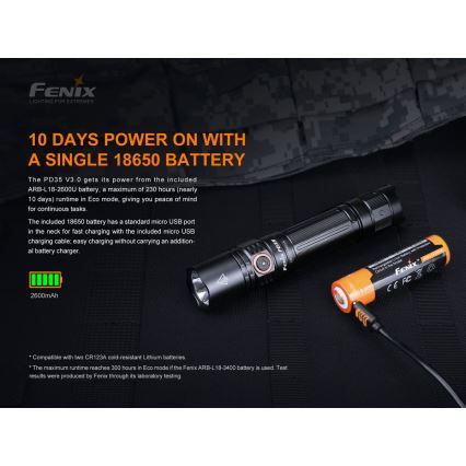 Fenix PD35V30 - LED Акумулаторно фенерче LED/USB/2xCR123A IP68 1700 лъскав 230 h 2600 mAh