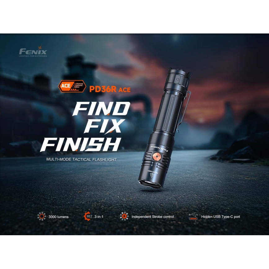 Fenix PD36RACE - димиращ презареждаем LED/USB фенер, 5000 mAh, IP68, 3000 лм, 63,45 ч, черен