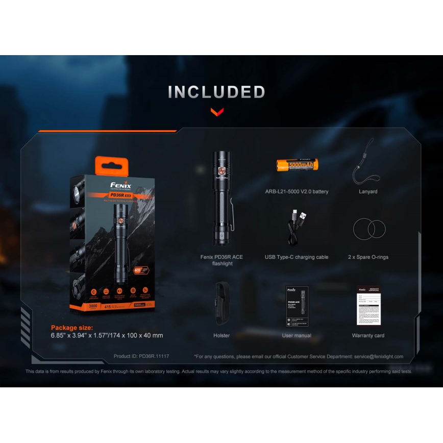 Fenix PD36RACE - димиращ презареждаем LED/USB фенер, 5000 mAh, IP68, 3000 лм, 63,45 ч, черен