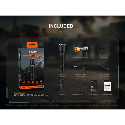 Fenix TK17BLK - акумулаторна LED фенерка с регулируема яркост, LED/USB, 6000 mAh, IP68, 3600 lm, 60 ч, черна