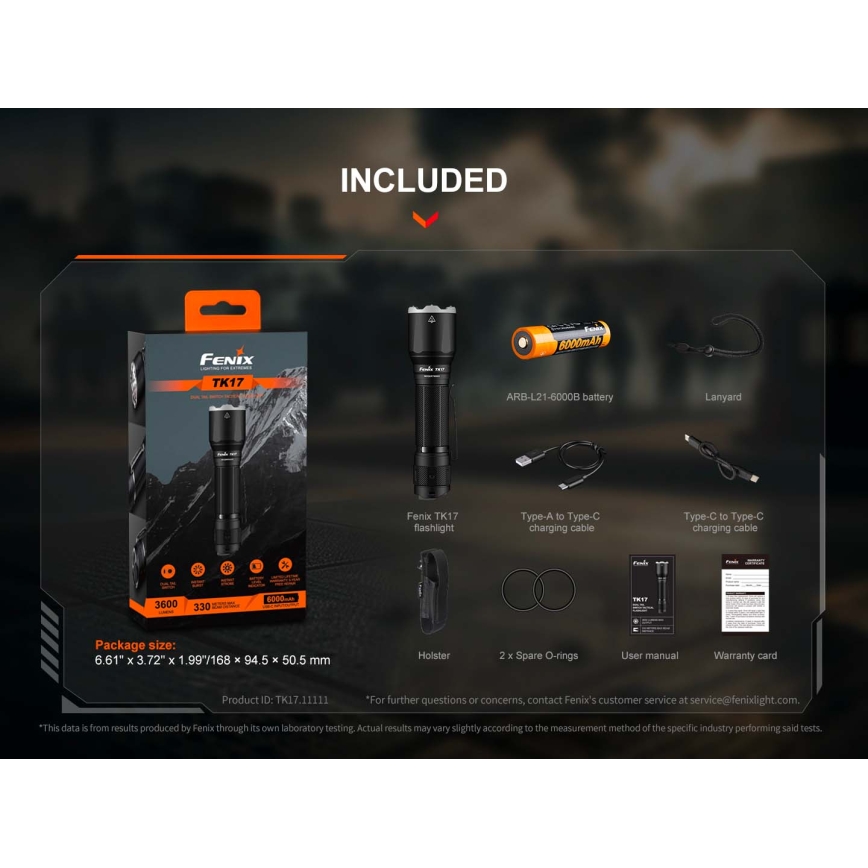 Fenix TK17BLK - акумулаторна LED фенерка с регулируема яркост, LED/USB, 6000 mAh, IP68, 3600 lm, 60 ч, черна