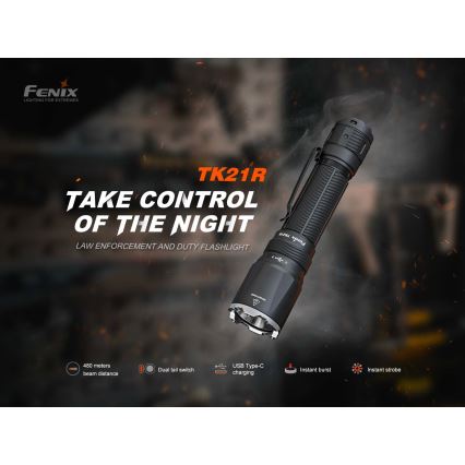 Fenix TK21RBLK - LED акумулаторен фенер с регулируема яркост и LED/USB зареждане, 6000 mAh, IP68, 3600 lm, 72,5 h, черен