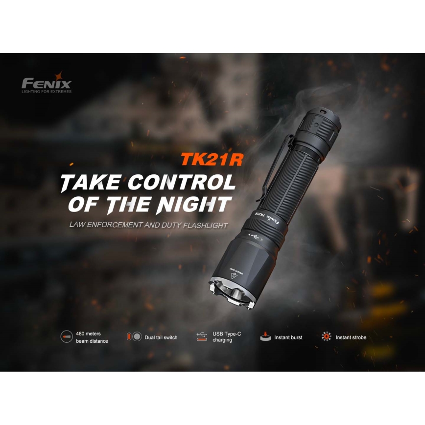 Fenix TK21RBLK - LED акумулаторен фенер с регулируема яркост и LED/USB зареждане, 6000 mAh, IP68, 3600 lm, 72,5 h, черен