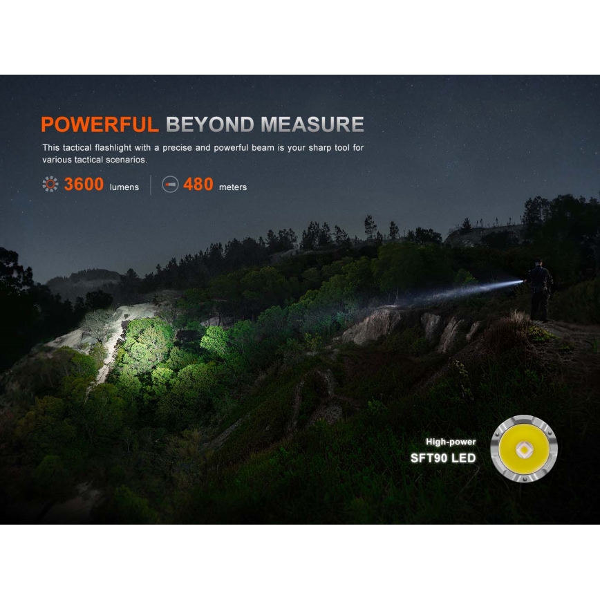 Fenix TK21RBLK - LED акумулаторен фенер с регулируема яркост и LED/USB зареждане, 6000 mAh, IP68, 3600 lm, 72,5 h, черен